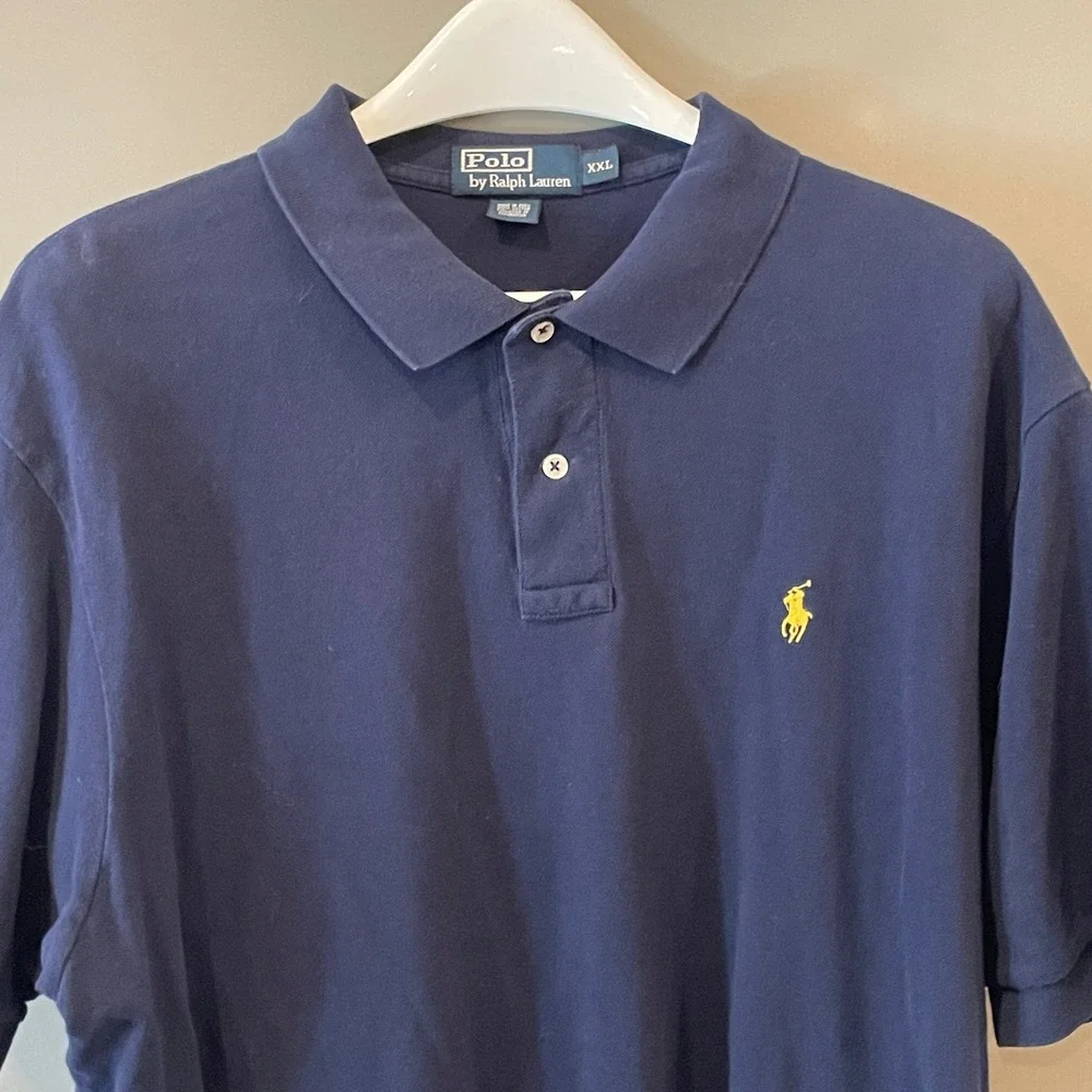 Polo Ralph Lauren Mens XXL Navy Blue Short Sleeve Pique Polo Shirt Yellow Pony